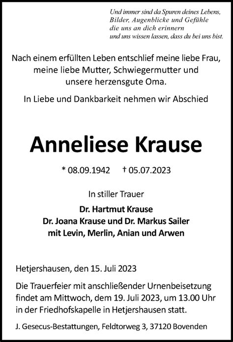 Traueranzeigen Von Anneliese Krause Trauer Anzeigen De