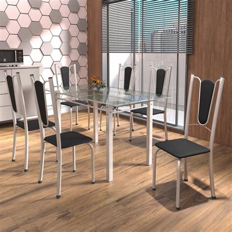 Conjunto De Mesa Tubular 6 Cadeiras 140cm Tampo De Vidro Melissa