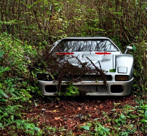 Abandoned Ferrari F In Bushes In Forest