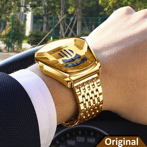 Binbond Full Golden Fashion Men Watch Creative Dila Geometric Shape