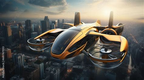 Yellow Flying Car Drone Air Taxi Electric Eco Self Driving Passenger