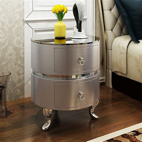 Luxury Modern Round Silver & Chrome/White & Gold Microfiber Leather Nightstand with Drawers ...