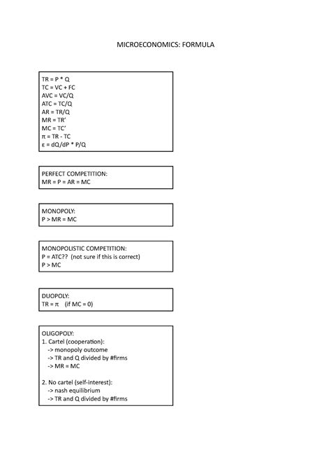 Formula Sheet For Microeconomics Microeconomics Formula Tr P Q