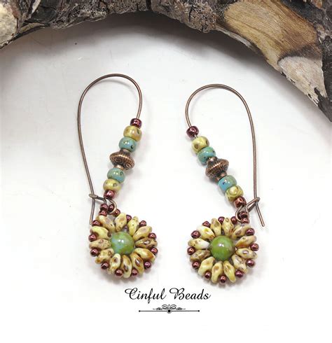 Boho Antique Copper Dangle Earrings Hand Beaded Picasso Superduo Flower