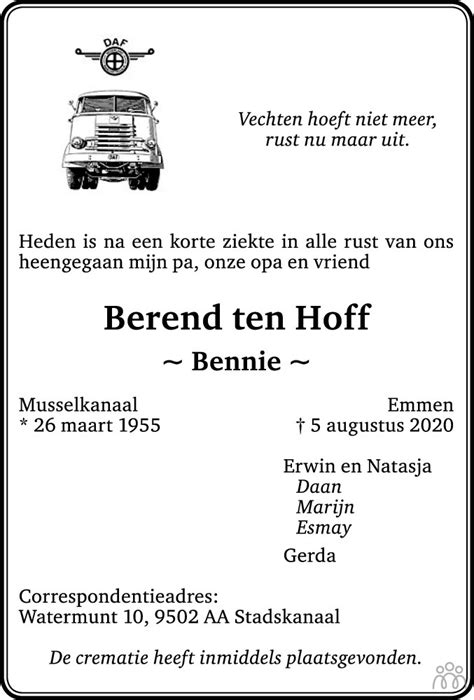 Berend Bennie Ten Hoff Overlijdensbericht En Condoleances