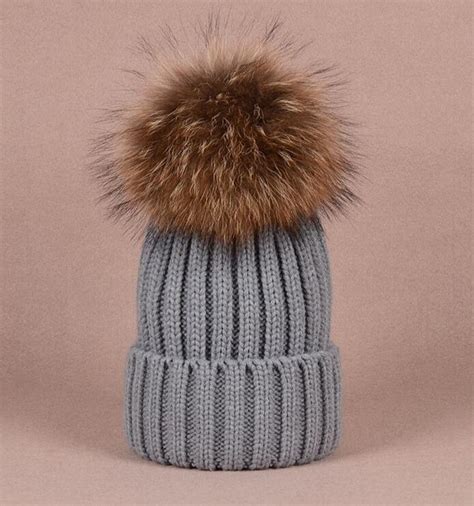 Big Fox Fur Balls Gray Hat Fluffy Large Pom Poms Cute Grey Hat Etsy