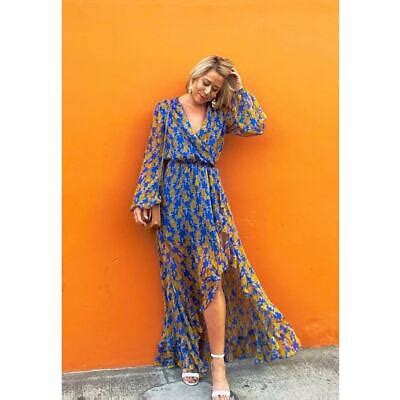 Caroline Constas Liv Floral Yellow Blue Print Long Sleeve High Low Gown