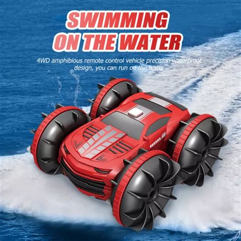 2 4GHZ 4WD RC Stunt Car Boat Toys Double Sided Amphibious Vehicles Red