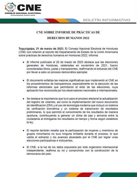 Cne Cne Sobre Informe De Pr Cticas De Derechos Humanos