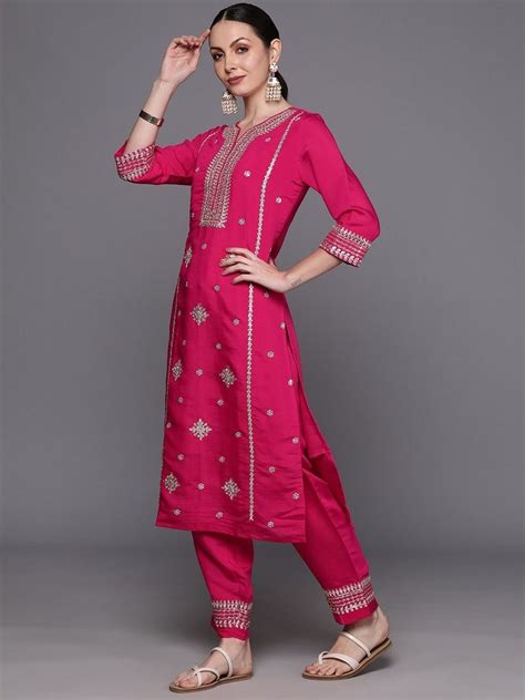 Poly Silk Indo Era Pink Embroidered Straight Kurta Trousers With