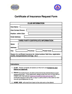 Fillable Online Certificate Of Insurance Request Form Updated Sept