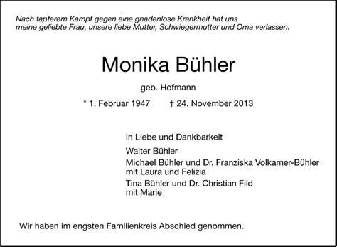 Traueranzeigen von Monika Bühler stuttgart gedenkt de