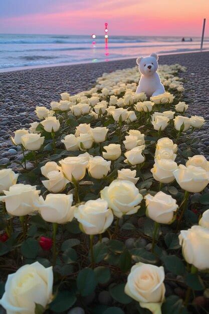 Hay Un Osito De Peluche Blanco Sentado En Un Campo De Rosas Blancas Ai