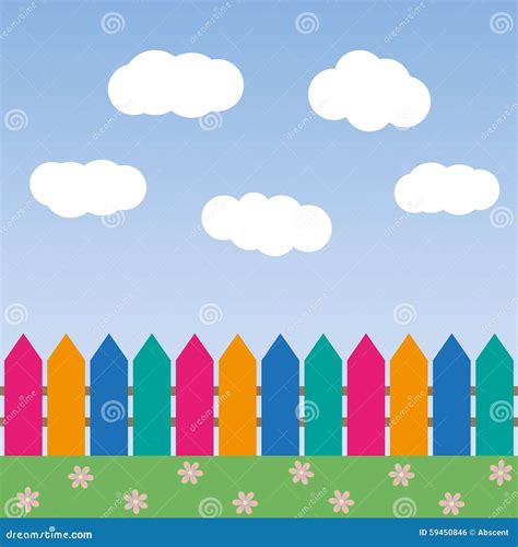 Cartoon Background with Color Fence and Clouds Stock Vector ...