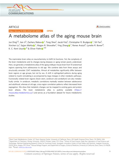 Pdf A Metabolome Atlas Of The Aging Mouse Brain