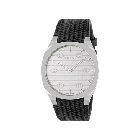 Gucci H Stainless Steel Watch With Black Leather Strap Mm Ya