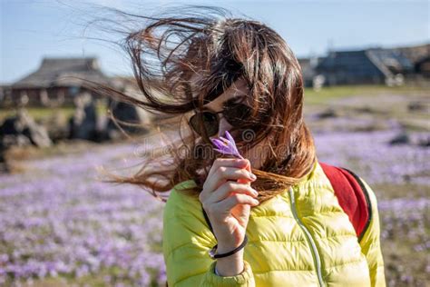 Young Beautiful Woman Walking Outside Windy Day Stock Photo Image Of