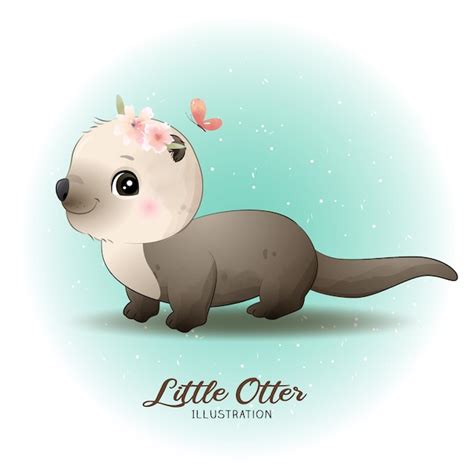 Premium Vector Cute Litter Otter With Watercolor Illustration