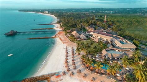 Aerial Landscape Of A Beach With Large Palm Trees By A Pier In A Resort