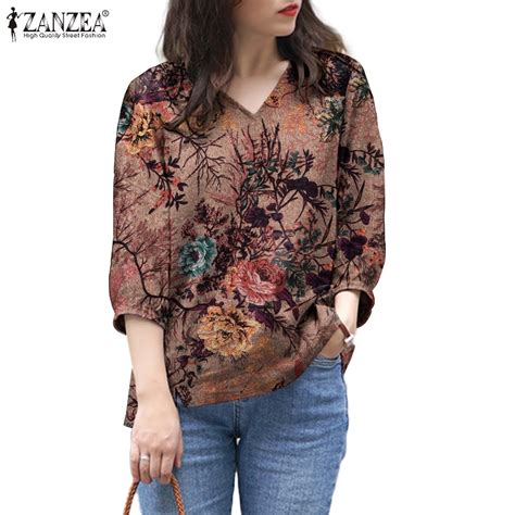 Zanzea Women Korean Daily Three Quarter Sleeves V Neck Floral Printed