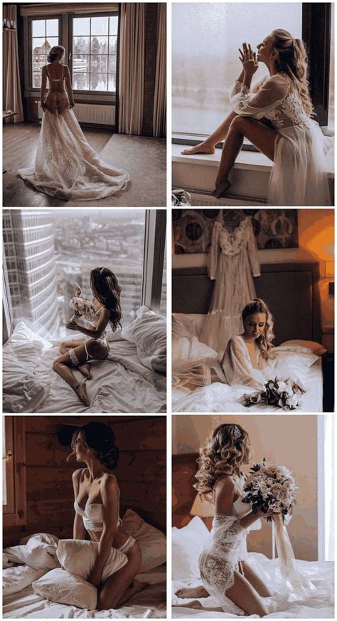 Four Photos Of Women In Wedding Dresses Sitting On A Bed