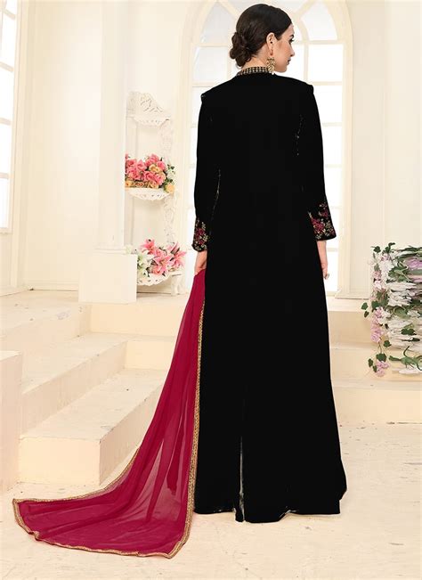 Buy Black Georgette Anarkali Suit Full Sleeve Jacket Embroidery Work