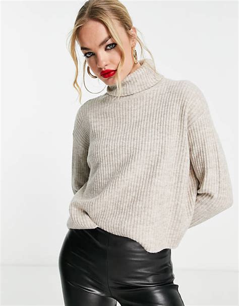 Asos Design Boxy Sweater With High Neck In Taupe Asos