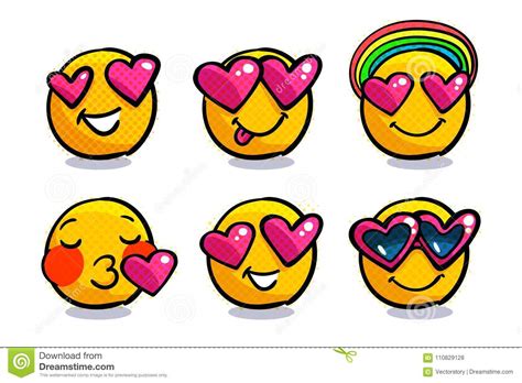 Set Of Cute Valentine Emoticons In Love Stock Vector Illustration Of