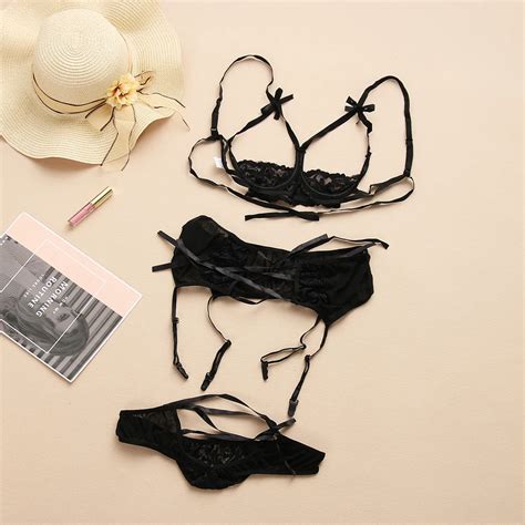 Women Sexy Black Lace Lingerie Set Bra With Garter Belt And G String