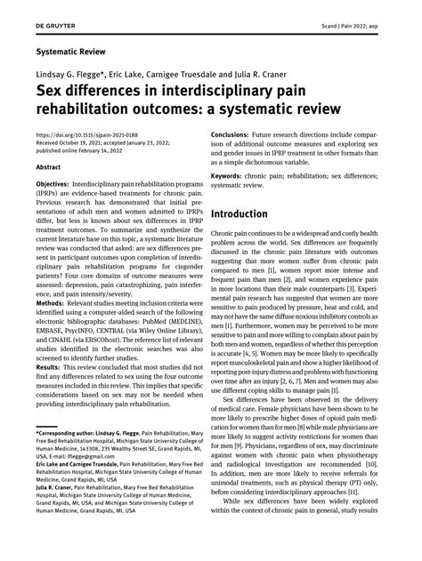 Pdf Sex Differences In Interdisciplinary Pain Rehabilitation Outcomes