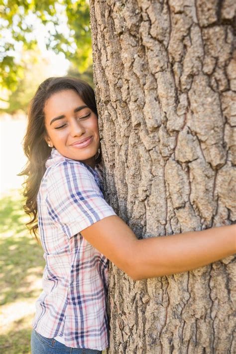 Pretty Brunette Hugging Tree Stock Image Image Of Hugging Hipster