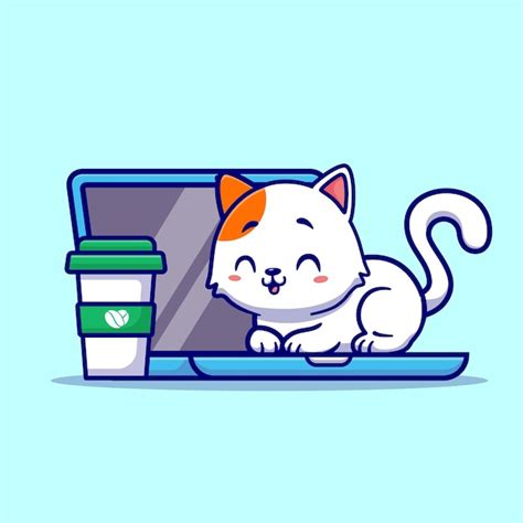 Gato Bonito Jogando No Laptop Ilustra O De Cone De Vetor De