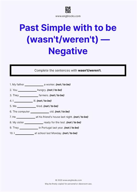 Worksheet On Past Simple With To Be Wasn T Weren T Negative