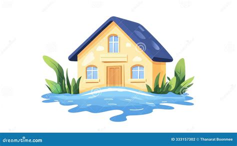 A Vibrant Vector Illustration of a Flooded House, Depicting a Natural ...