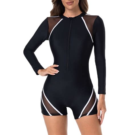 Enjoytime One Piece Swimsuit Women Patchwork Zip Up Long Sleeve
