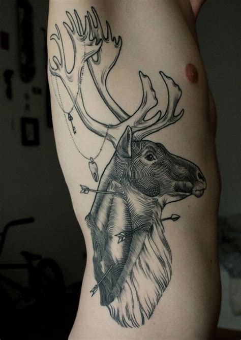 Awesome Black Lines Deer Tattoo On Ribs Tattooimages