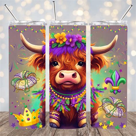 Mardi Gras Highland Cow Sublimation Tumbler PNG Design 20 Oz Straight