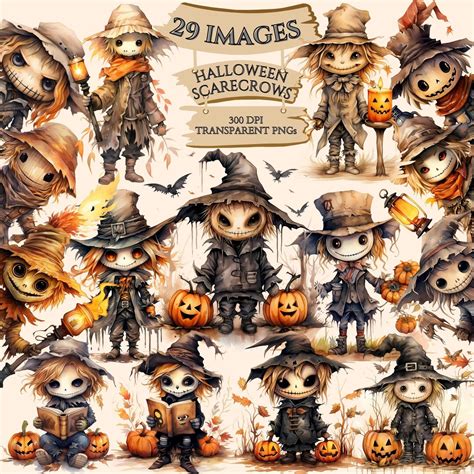 Watercolor Halloween Scarecrows Clipart Cute Halloween Characters