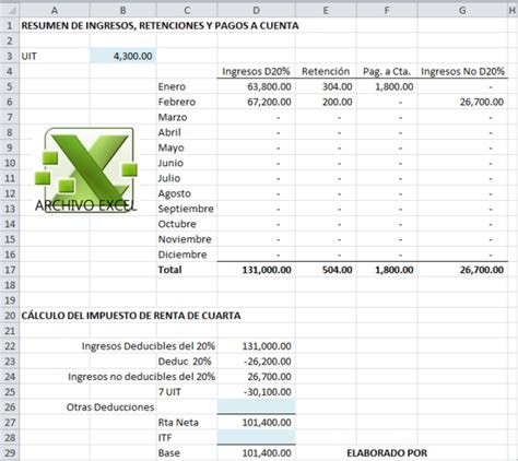 Cálculo De Renta De 4ta Categoría Plantilla Ii Archivo Excel