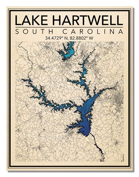 Wall Art Map Print Of Lake Hartwell South Carolina Etsy Uk