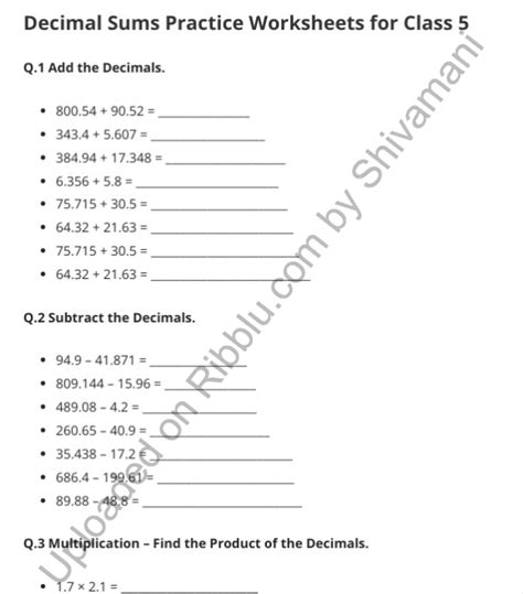 Decimal Worksheets for Class 5 - Free PDF Download