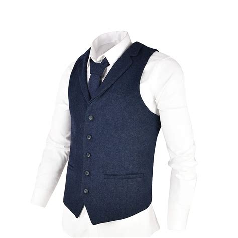 VOBOOM Navy Blue Woolen Tweed Suit Vest For Men Herringbone Slim Fit