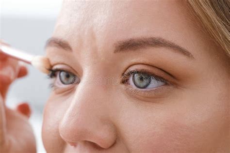 Woman Applying Nude Eye Make Up Close Up Stock Image Image Of Look Base