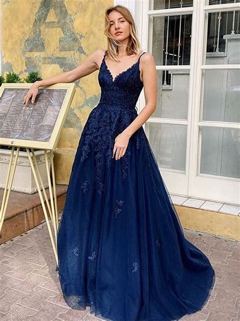 A Line V Neck Backless Navy Blue Lace Long Prom Dresses 2020 Open Back