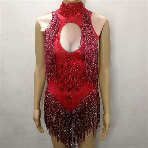 4 Colors Sleeveless Sparkly Rhinestones Bodysuit Silver Red Glass