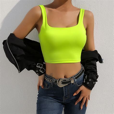 Square Collar Strap Tank Top Neon Green Sexy Sleeveless Crop Tops Korean Vest Slim Tee Best