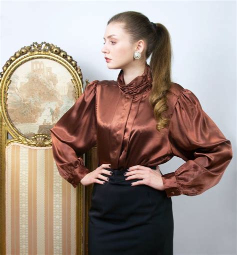 Vintage Satin Blouse High Neck Blouse Brown Satin Blouse Silky Balloon Sleeve Blouse