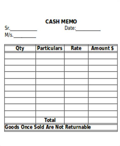 Cash Memo Template