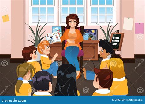 Preschool Teacher Reading A Book During Story Time Stock Vector