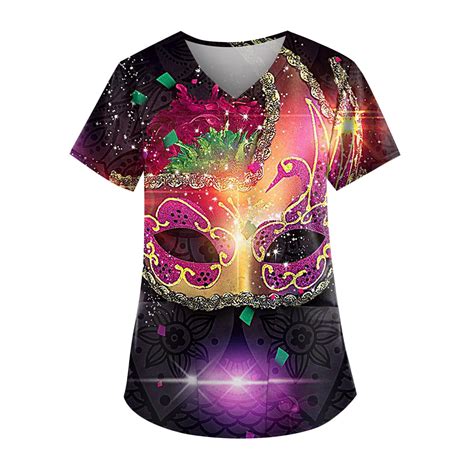 Kddylitq 2024 Mardi Gras Scrubs For Women Short Sleeve Graphic V Neck